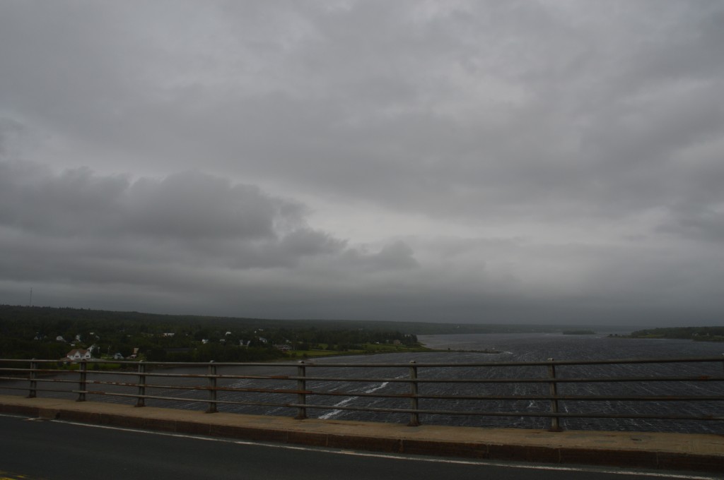 strong easterly wind; crosswind over bridge; tailwind for riding most of the day; storm chasing us